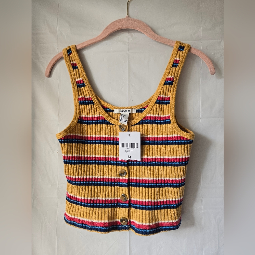 Yellow Blue Magenta Striped Sleeveless Crop Top Tank Top with Button-Front, M.